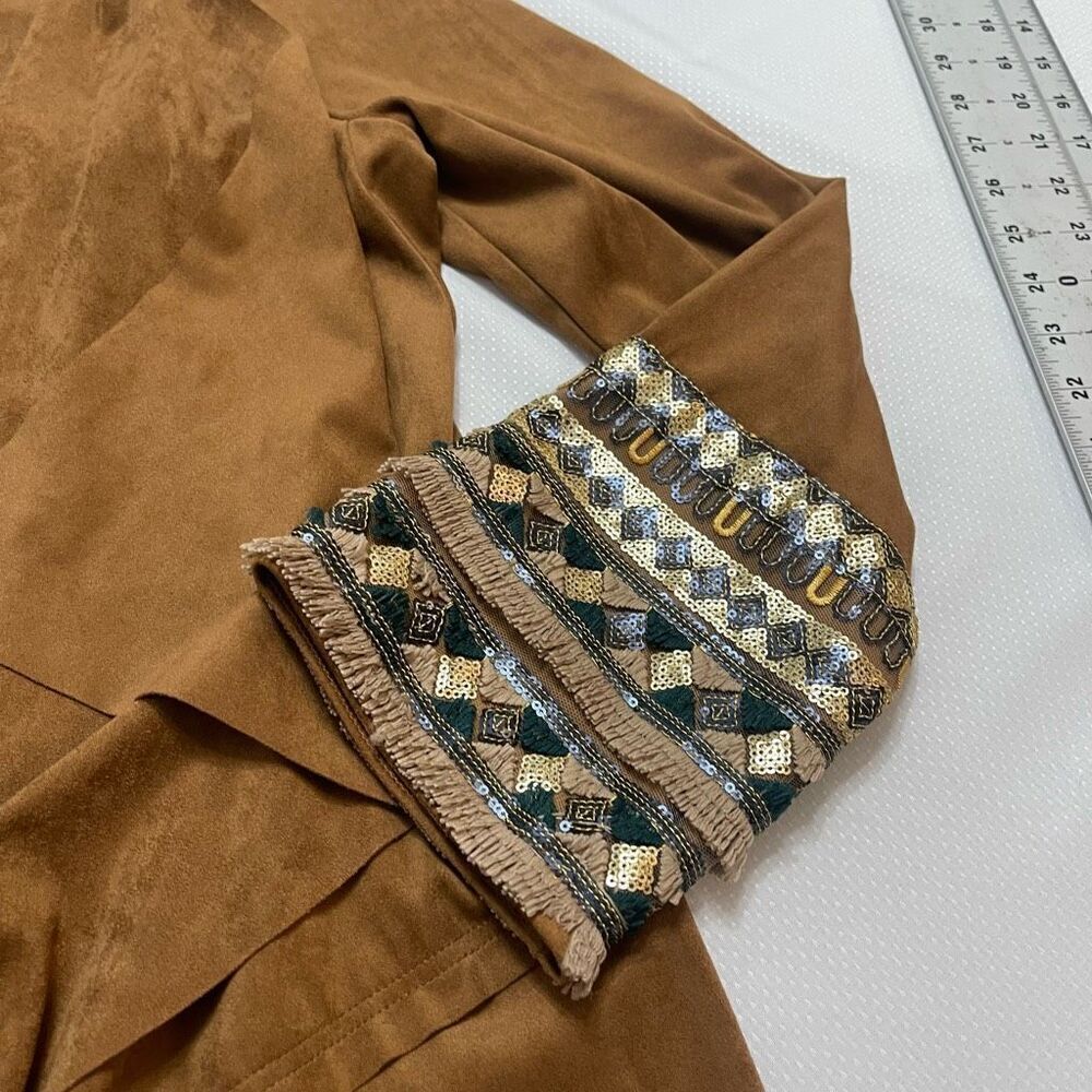 Soft Surroundings Faux Suede Embroidered Cuff Open Draped Cardigan Jacket Sz L - Picture 9 of 12